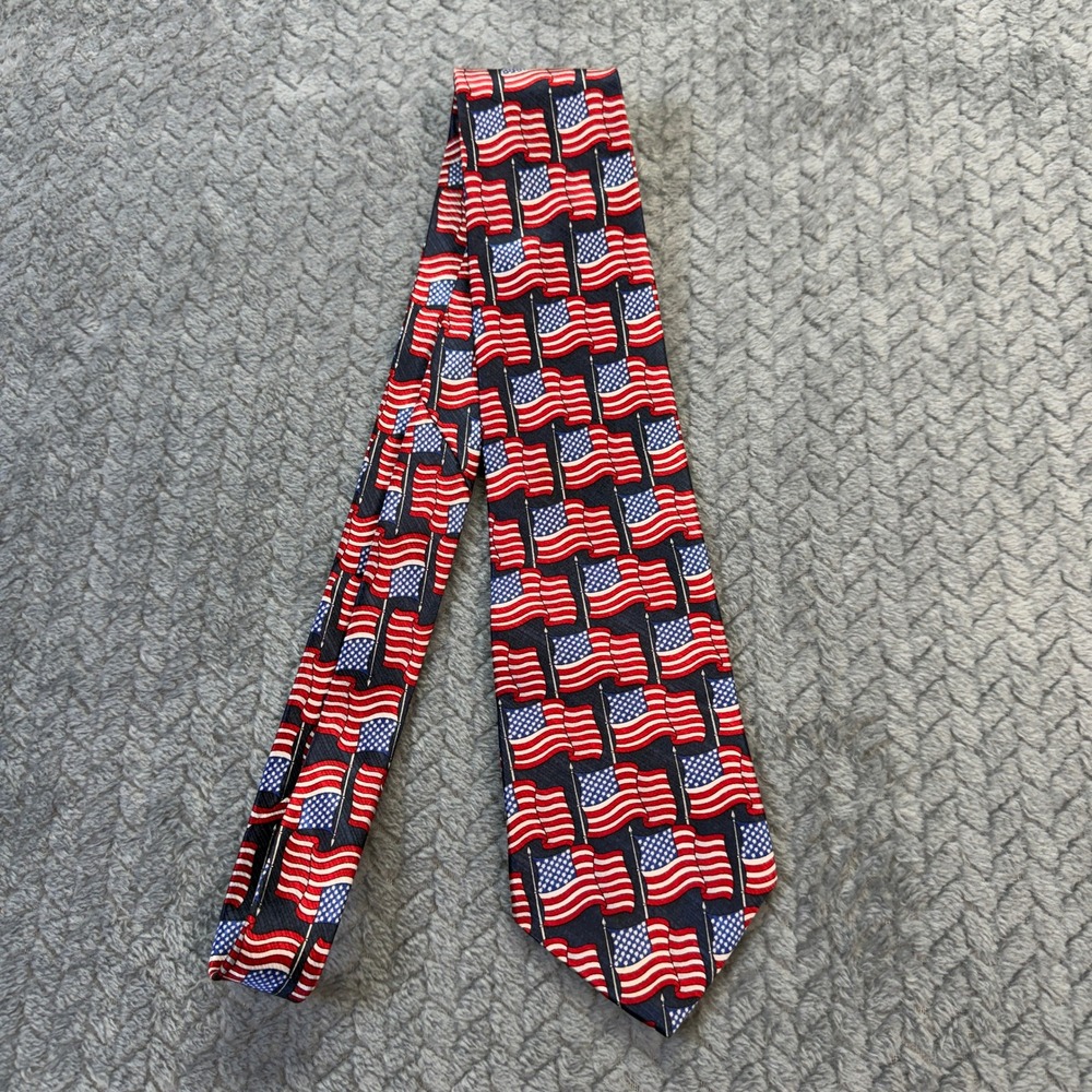American Traditions Necktie Mens OS Blue Red Flag Patriotic Silk 58.5in Vtg Tie